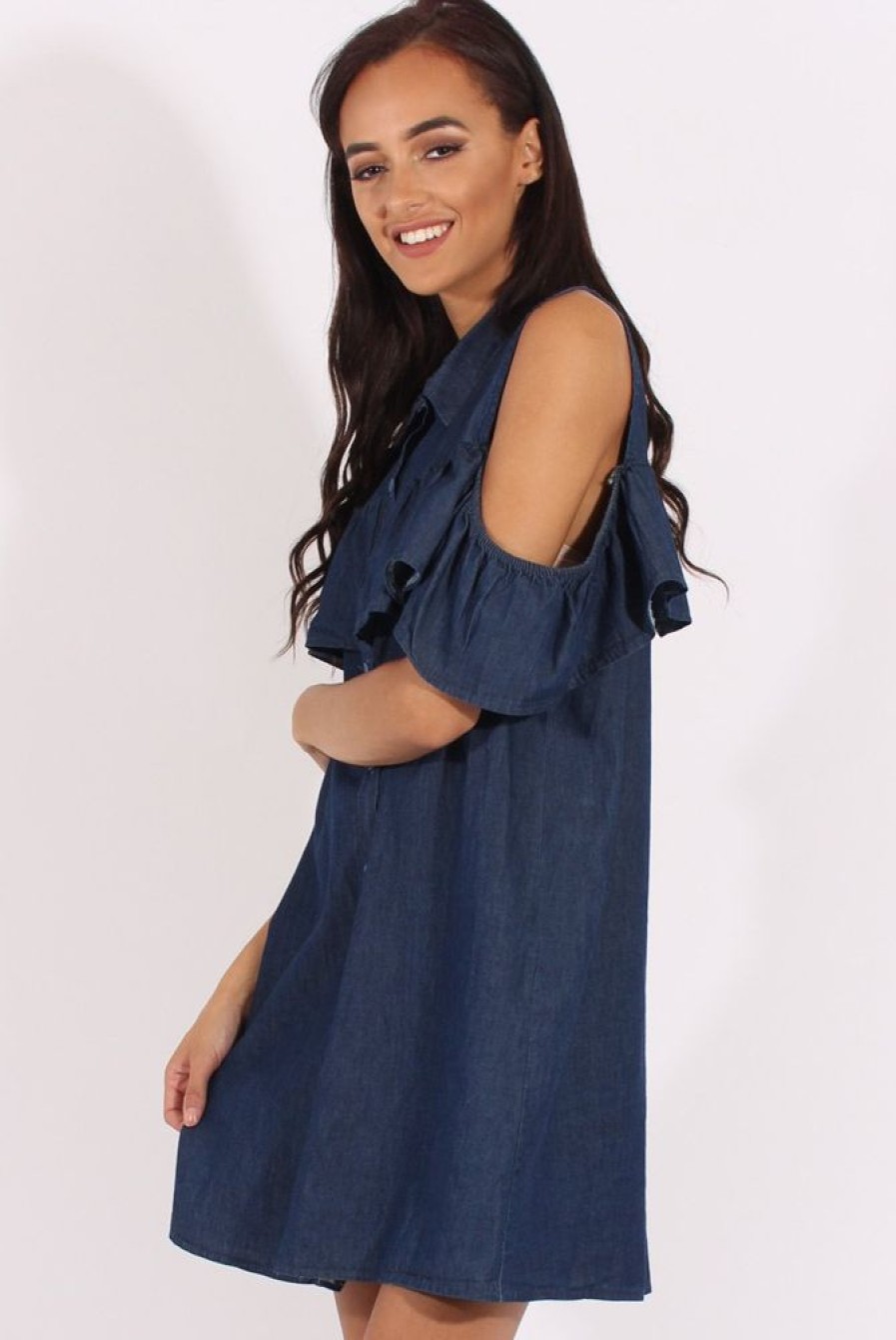 Clothing Rebellious Fashion | Dark Blue Cold Shoulder Denim Dress - Torrie