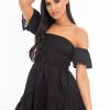 Clothing Rebellious Fashion | Black Shirred Bardot Tiered Textured Mini Dress - Emma