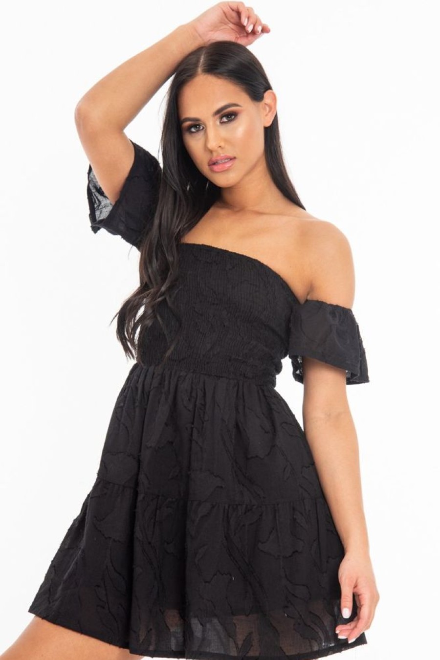 Clothing Rebellious Fashion | Black Shirred Bardot Tiered Textured Mini Dress - Emma