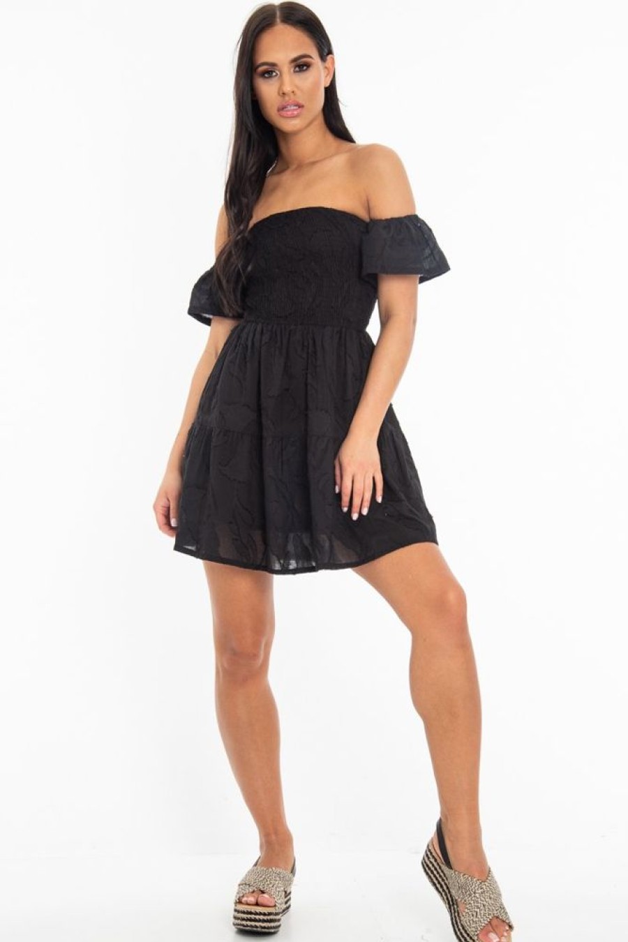 Clothing Rebellious Fashion | Black Shirred Bardot Tiered Textured Mini Dress - Emma