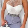 Clothing Rebellious Fashion | White Polka Mesh Corset One Shoulder Bodysuit - Carrie