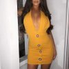 Clothing Rebellious Fashion | Mustard Halter Plunge Button Detail Mini Dress - Khaira