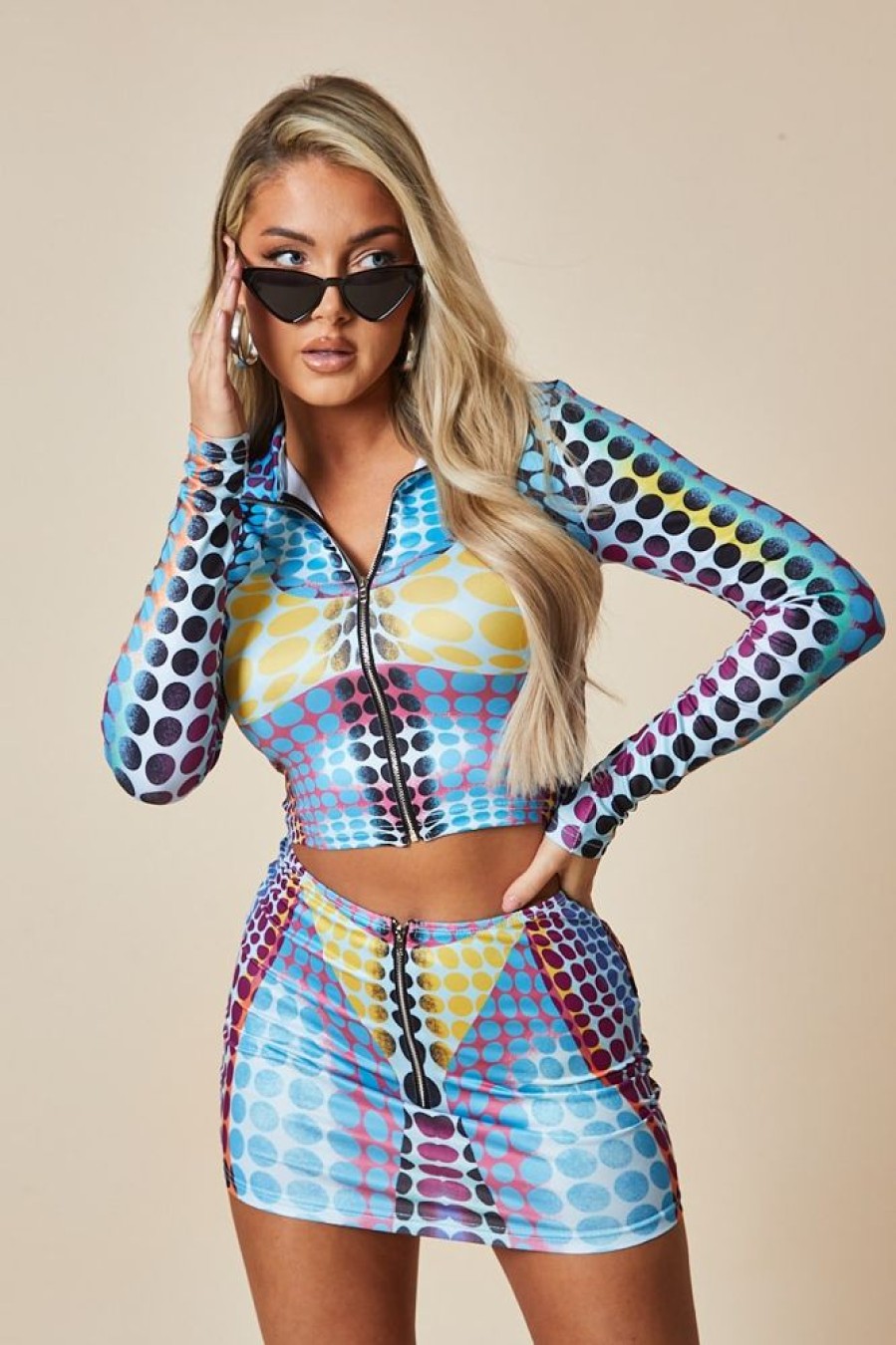 Clothing Rebellious Fashion | Blue Multi Spot Print Crop Top & Mini Skirt Set - Kyomi