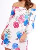 Clothing Rebellious Fashion | Pink And White Floral Bell Sleeved Bardot Dress - Cheynie