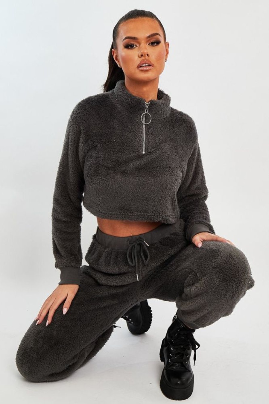 Clothing Rebellious Fashion | Grey Cropped Zip Front Teddy Jumper - Brady