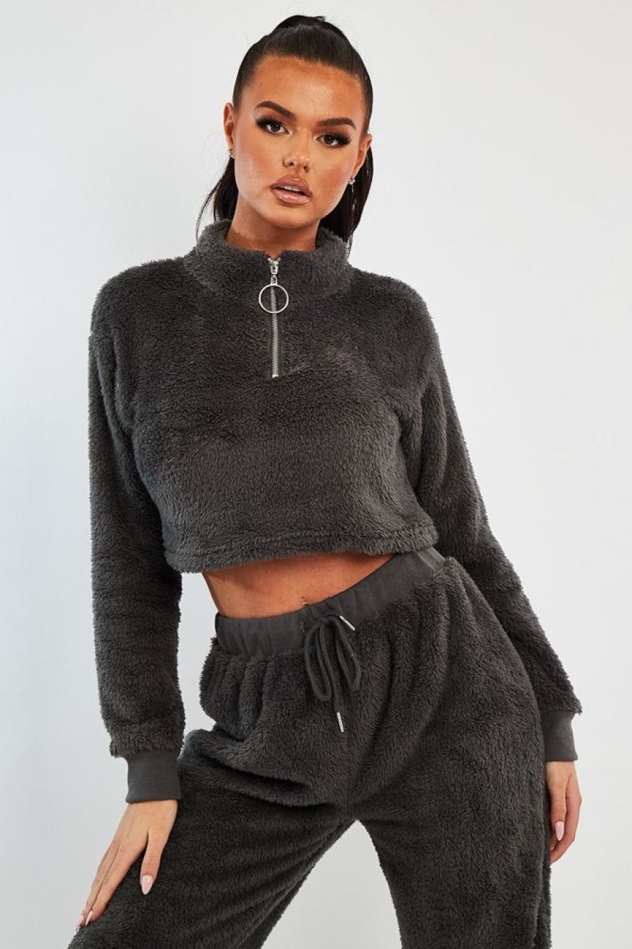 Clothing Rebellious Fashion | Grey Cropped Zip Front Teddy Jumper - Brady