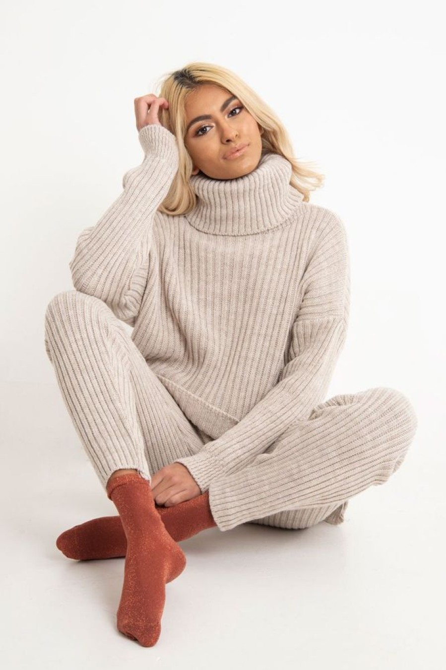 Clothing Rebellious Fashion | Beige Chunky Knit Roll Neck Loungewear Co-Ord - Imara