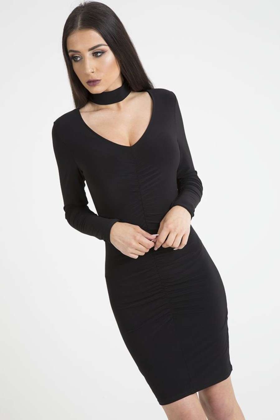 Clothing Rebellious Fashion | Black Ruched Choker Bodycon Dress - Primrose