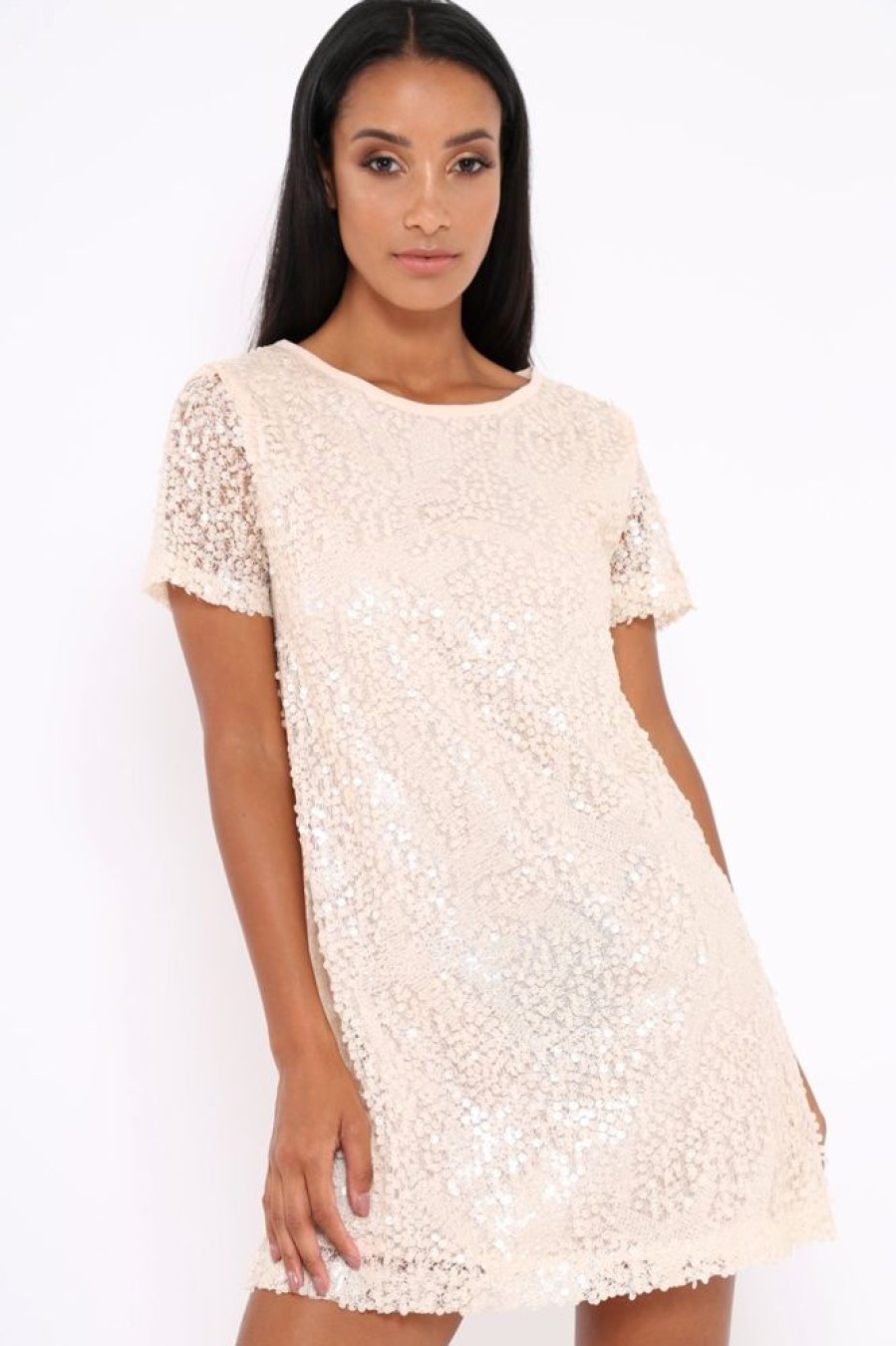 Clothing Rebellious Fashion | Nude Sequin Oversized Shift Dress - Lilly