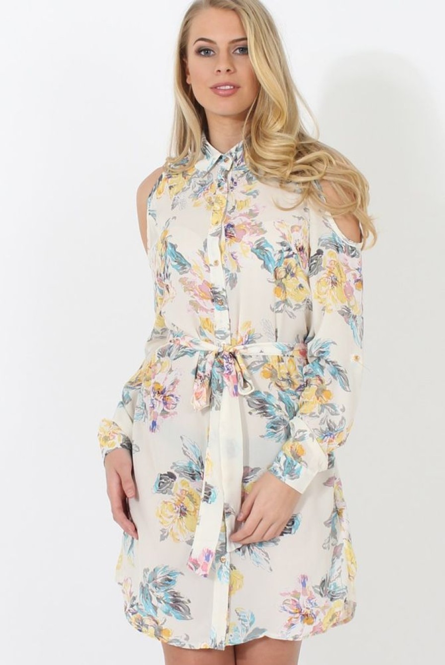 Clothing Rebellious Fashion | Cream Floral Shirt Dress - Nicola