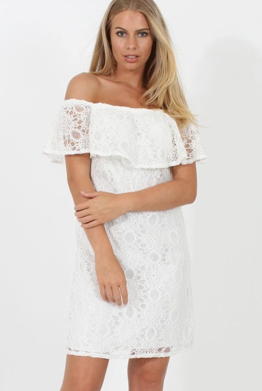 Clothing Rebellious Fashion | White Lace Bardot Dress - Magdalena