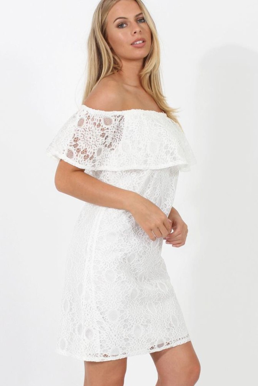 Clothing Rebellious Fashion | White Lace Bardot Dress - Magdalena