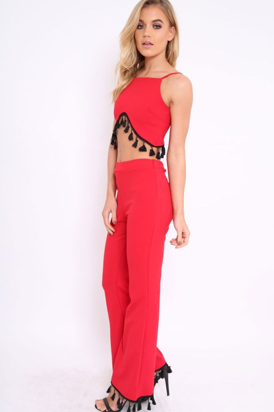 Clothing Rebellious Fashion | Red Tassel Hem Co-Ord Set - Kaylyn