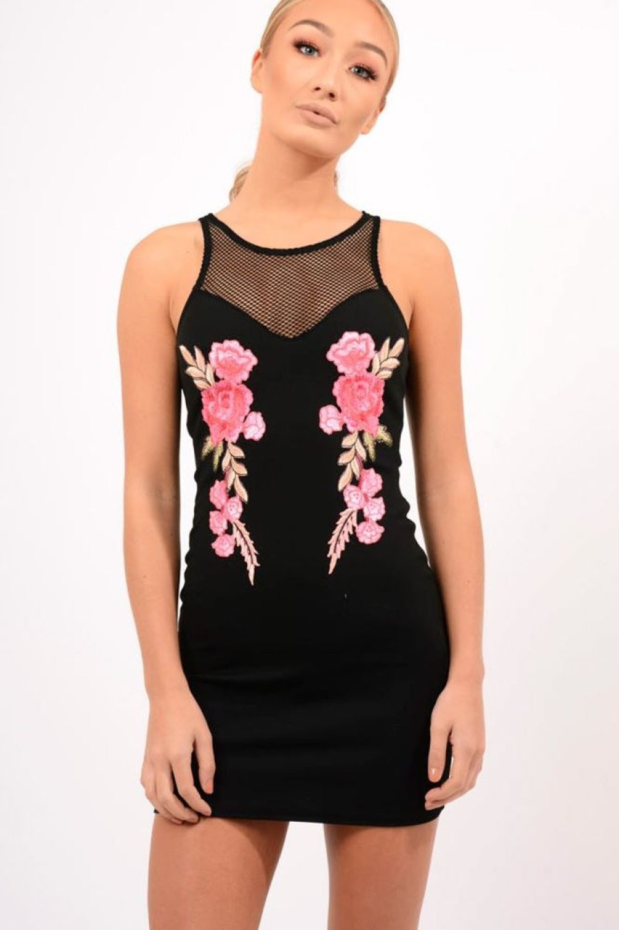 Clothing Rebellious Fashion | Black Mesh Floral Applique Bodycon Dress - Danika