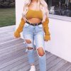 Clothing Rebellious Fashion | Mustard Plunge Sleeve Detail Crop Jumper - Ivree