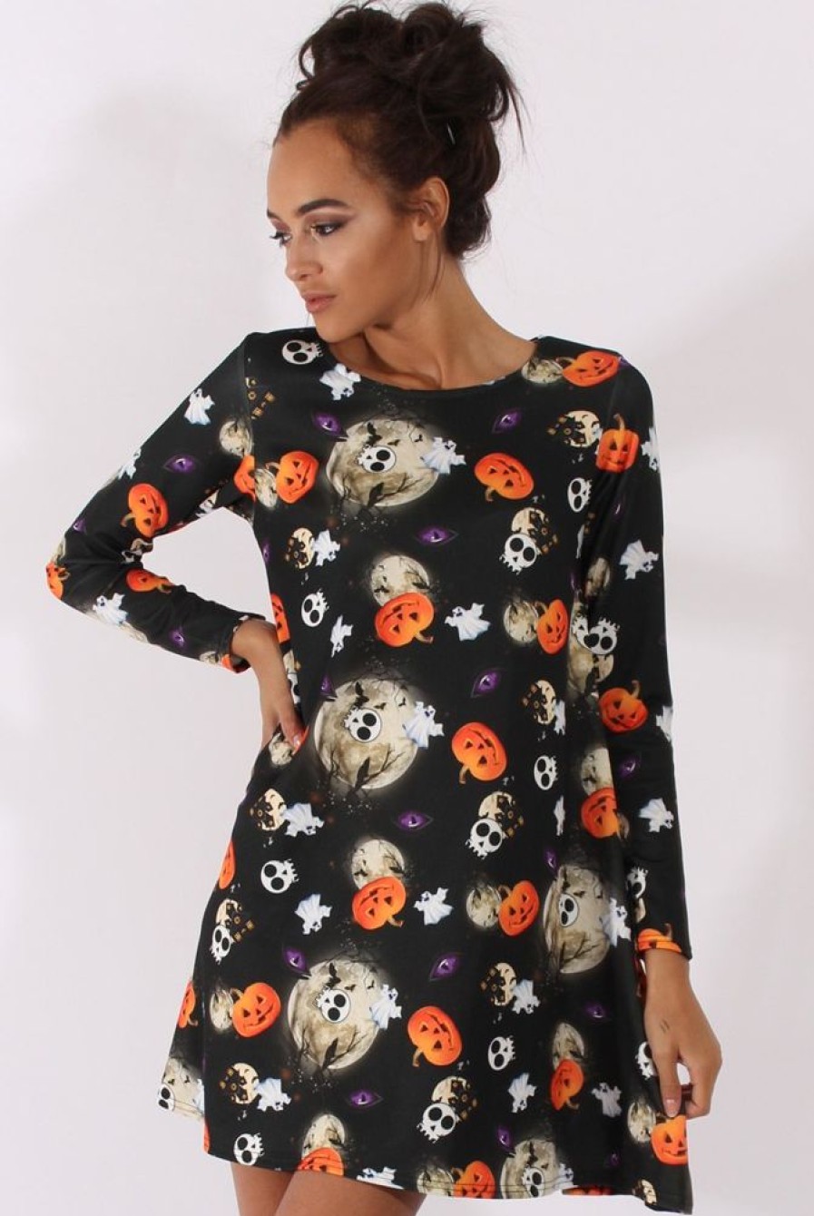 Clothing Rebellious Fashion | Black Halloween Theme Swing Dress - Mona