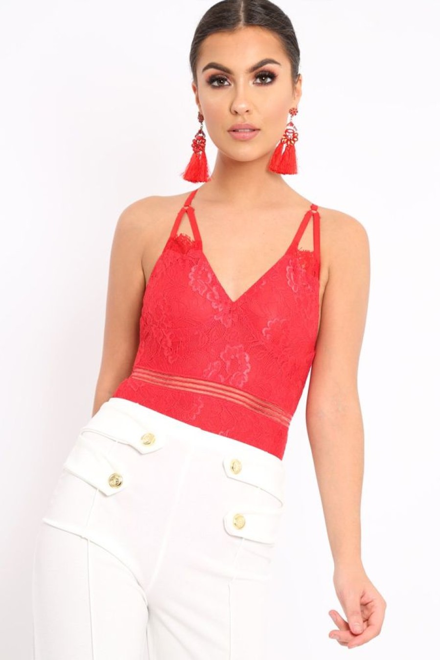 Clothing Rebellious Fashion | Red Lace Open Back Bodysuit - Naomie