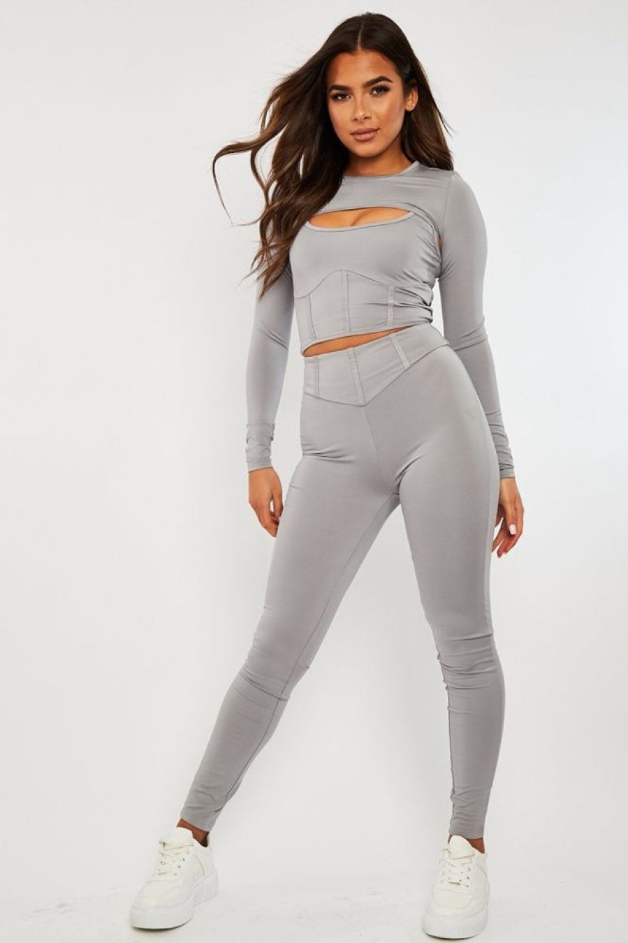 Clothing Rebellious Fashion | Grey 3 Piece Crop Top And Legging Co-Ord - Habsa