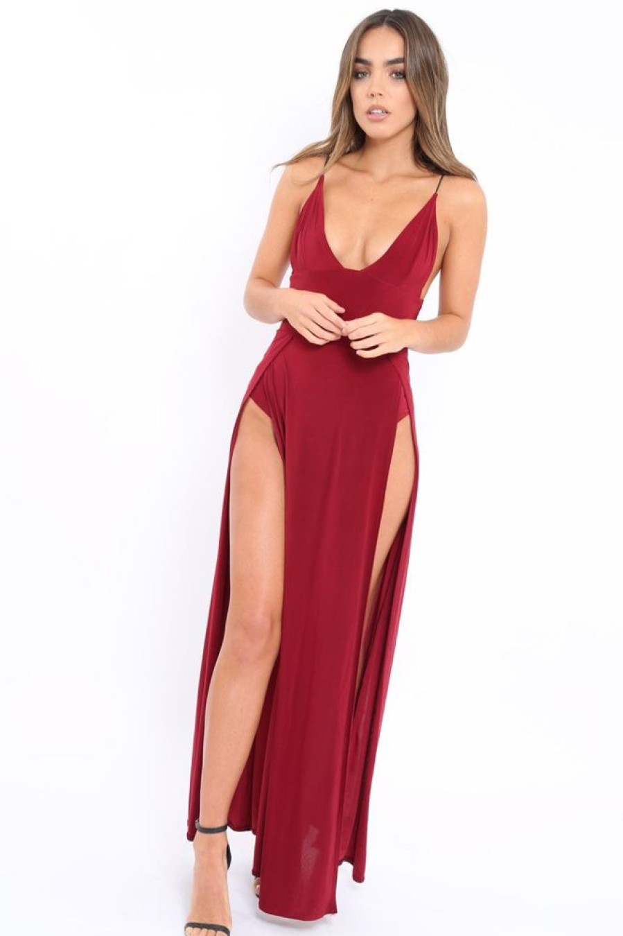 Clothing Rebellious Fashion | Wine Front Split Leg Maxi Dress - Effy