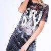 Clothing Rebellious Fashion | Black Tie Dye Sheer Mesh 'Friday' Slogan T-Shirt Dress - Flynn