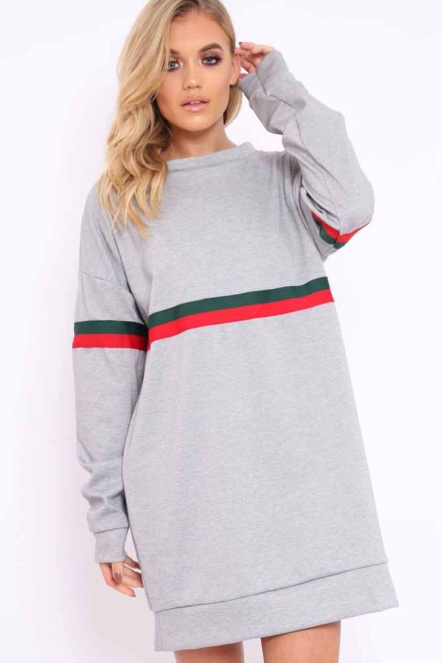 Clothing Rebellious Fashion | Grey With Sports Stripe Jumper Dress - Finley