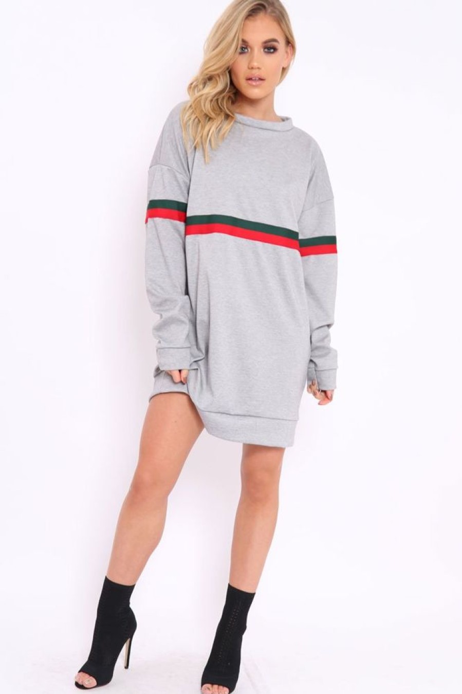 Clothing Rebellious Fashion | Grey With Sports Stripe Jumper Dress - Finley