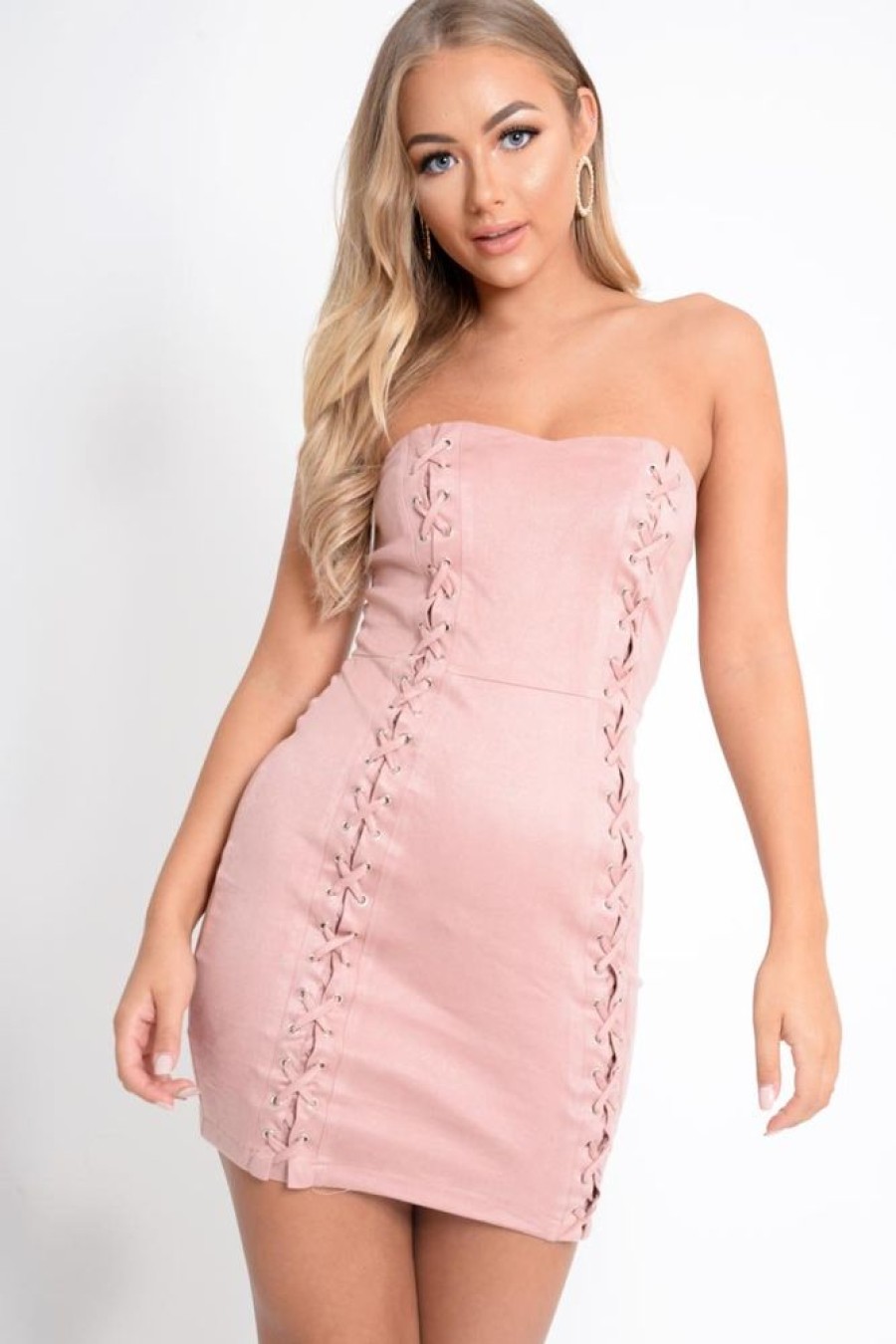 Clothing Rebellious Fashion | Rose Suede Lace Up Front Bandeau Mini Dress - Lily