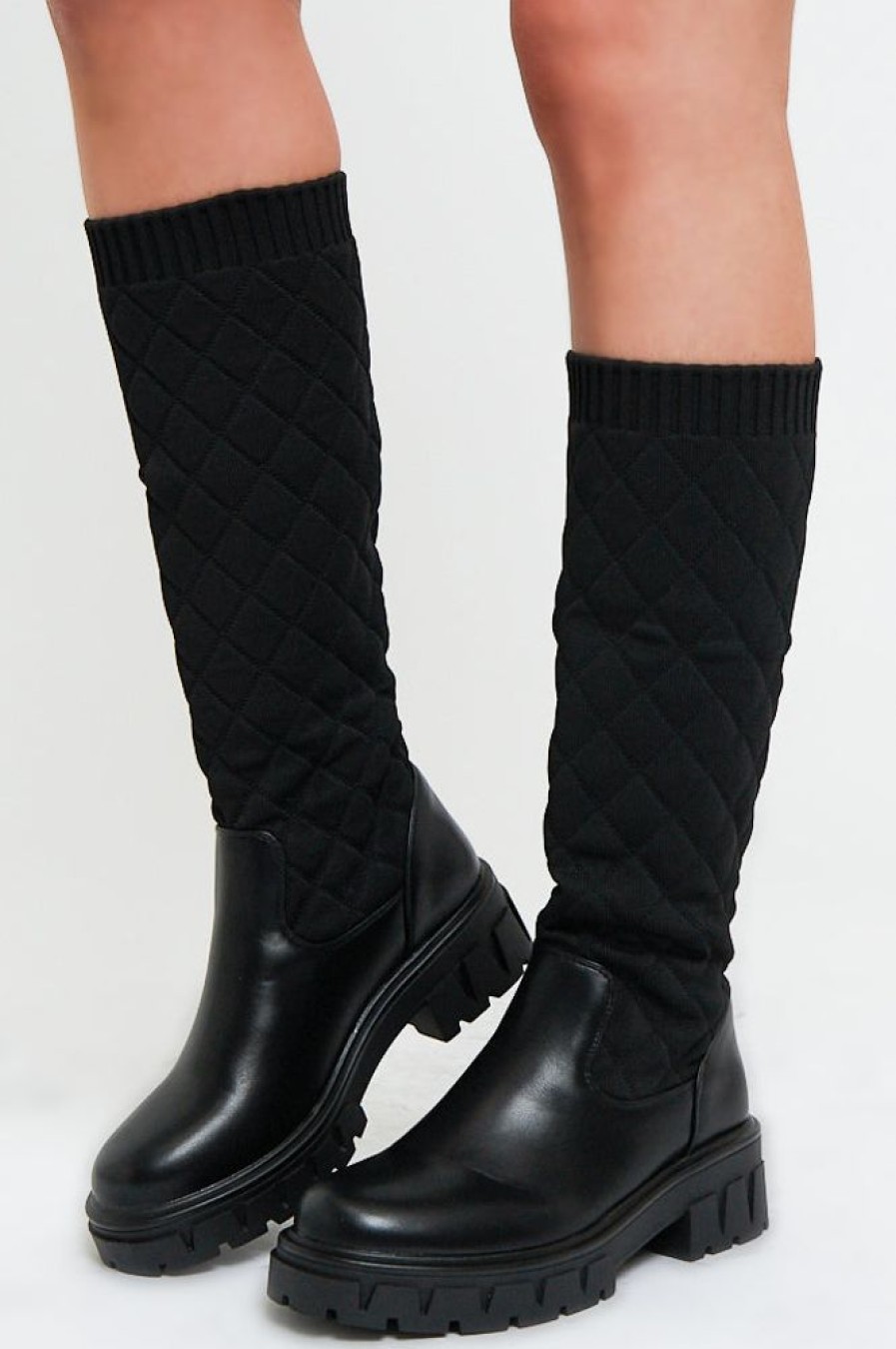 Shoes Rebellious Fashion | Black Quilted Detail Knee High Boots - Bethsy