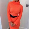 Clothing Rebellious Fashion | Neon Orange Roll Neck Rib Midi Jumper Dress - Giana