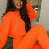 Clothing Rebellious Fashion | Neon Orange Cable Knit Batwing Jumper Loungwear Set - Janea