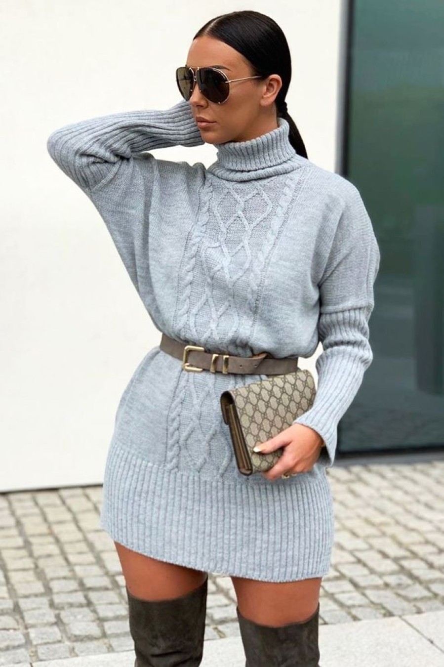 Clothing Rebellious Fashion | Grey Oversized Knitted Turtle Neck Jumper Dress - Freyah