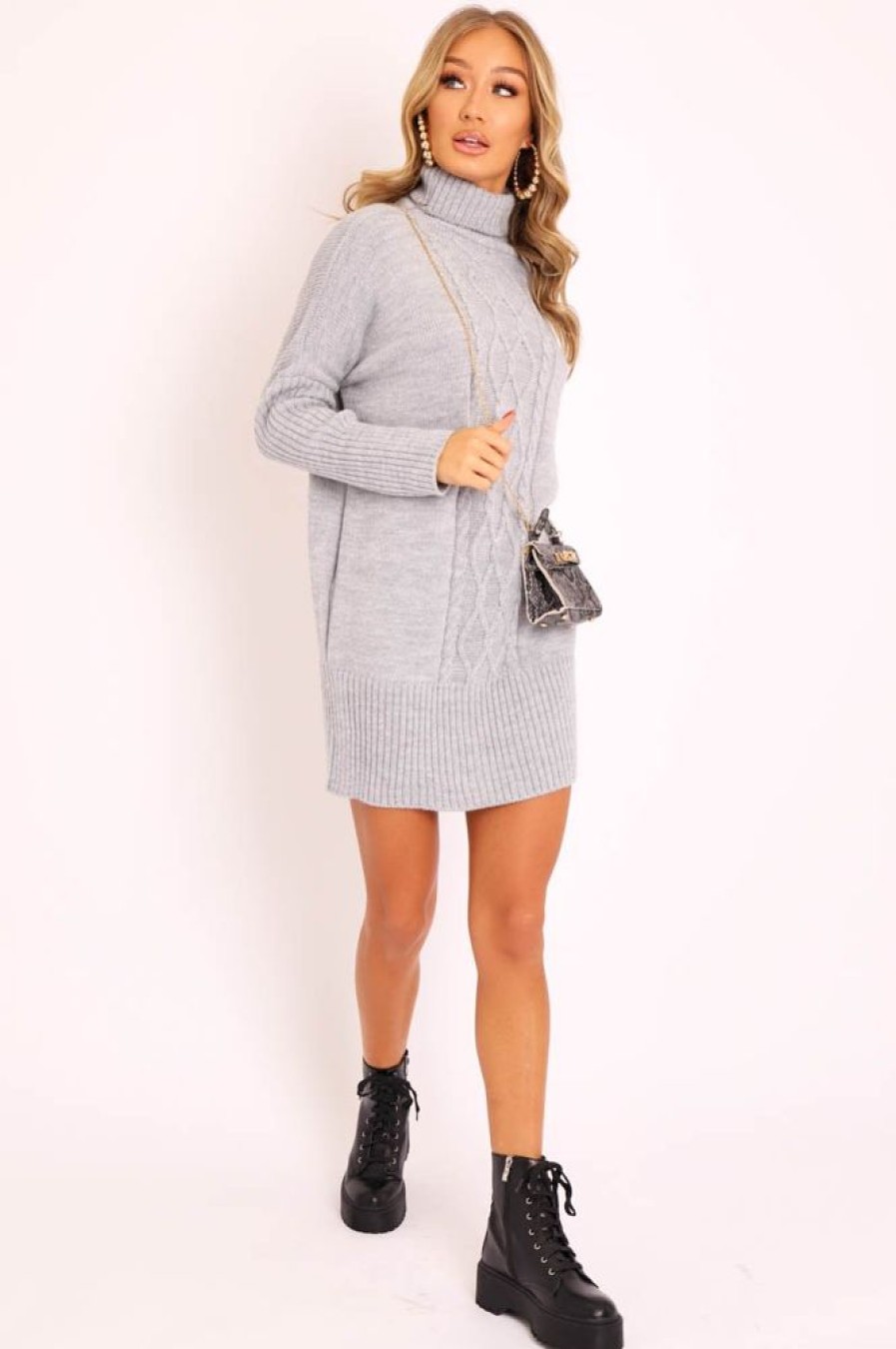 Clothing Rebellious Fashion | Grey Oversized Knitted Turtle Neck Jumper Dress - Freyah