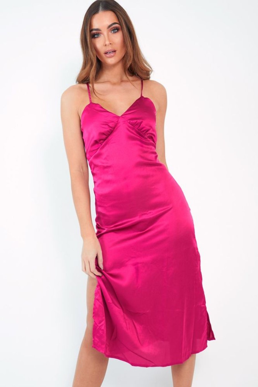 Clothing Rebellious Fashion | Pink Satin Cami Strap Satin Midi Dress - Sadia