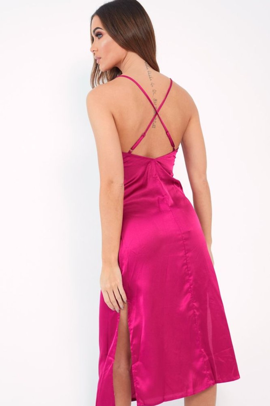 Clothing Rebellious Fashion | Pink Satin Cami Strap Satin Midi Dress - Sadia