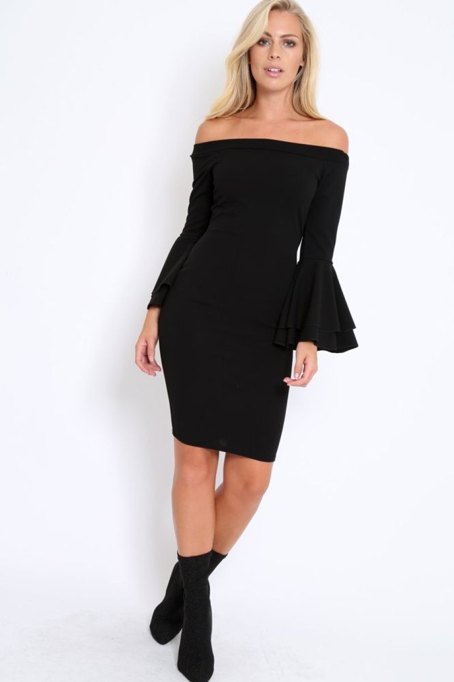 Clothing Rebellious Fashion | Black Bardot Flared Sleeve Dress - Ebony