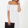 Clothing Rebellious Fashion | White Pinstripe Bardot Dress - Pip