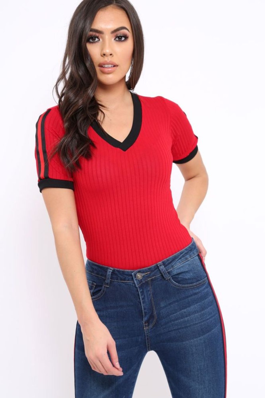 Clothing Rebellious Fashion | Red Ribbed Bodysuit With Contrast Trim - Libi