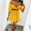 Clothing Rebellious Fashion | Mustard Plunge Crepe Belted Dress - Baily