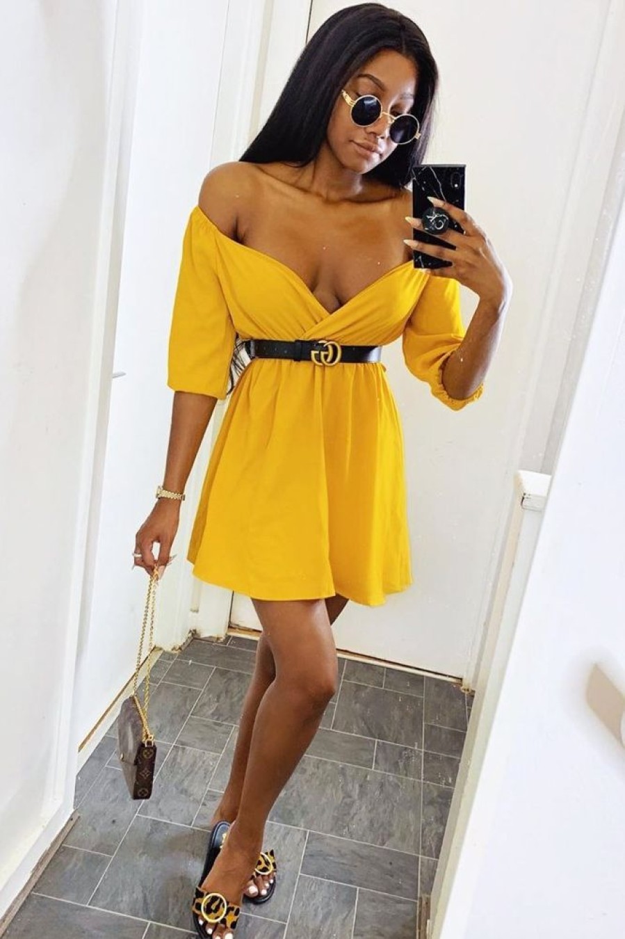 Clothing Rebellious Fashion | Mustard Plunge Crepe Belted Dress - Baily