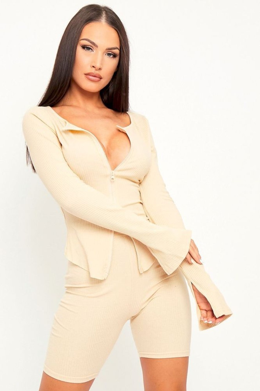 Clothing Rebellious Fashion | Beige Ribbed Double Zip Top Cycling Short Co-Ord - Jamia