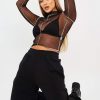 Clothing Rebellious Fashion | Black Mesh Contrast Stitch Long Sleeve Crop Top - Evie