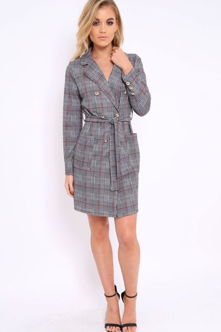 Clothing Rebellious Fashion | Hound-Tooth Tartan Button Tie Front Blazer Dress - Clare