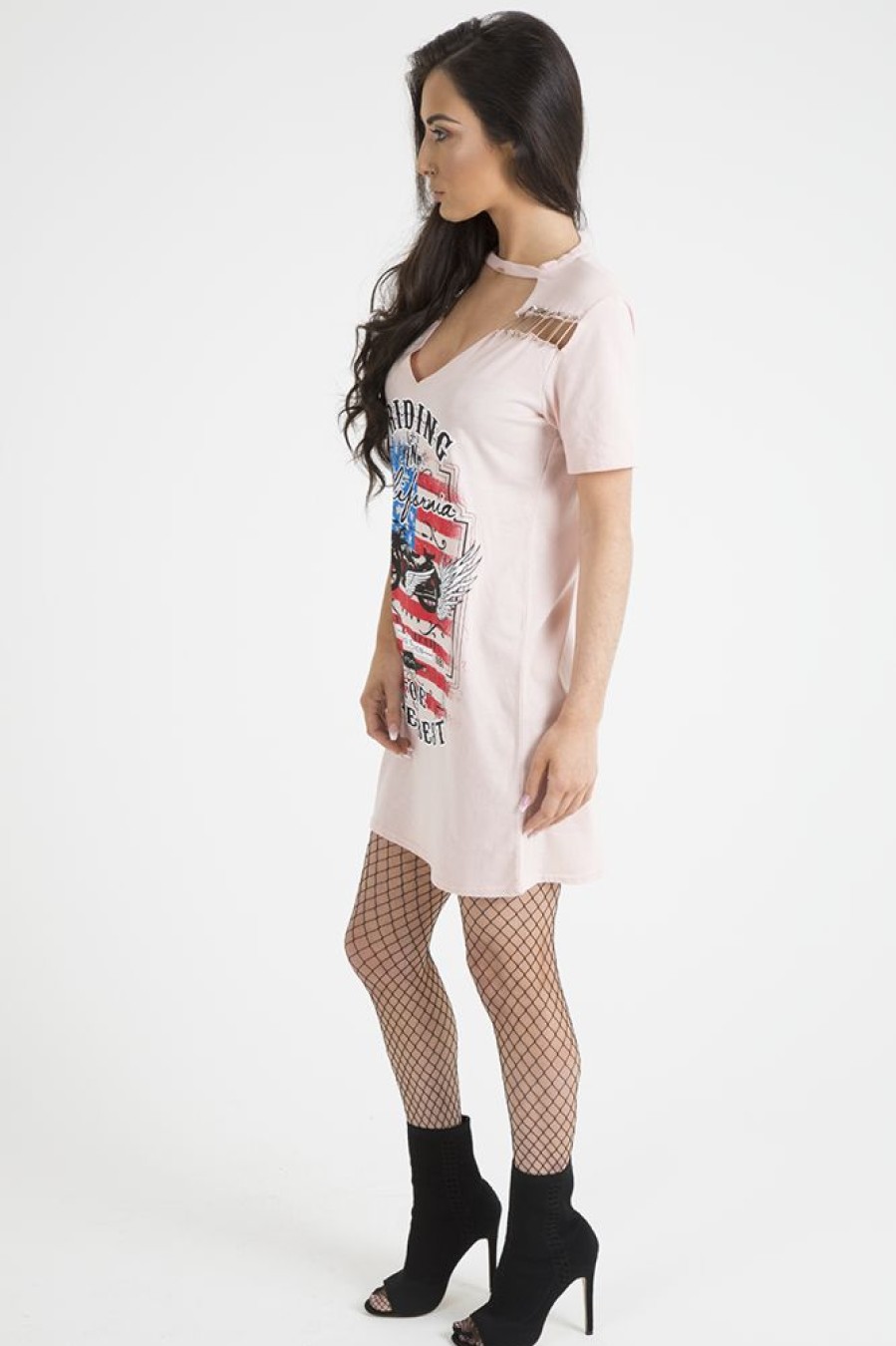 Clothing Rebellious Fashion | Pink 'Riding In California' Graphic Print Cut Out Pin Detail T-Shirt Dress - Harper