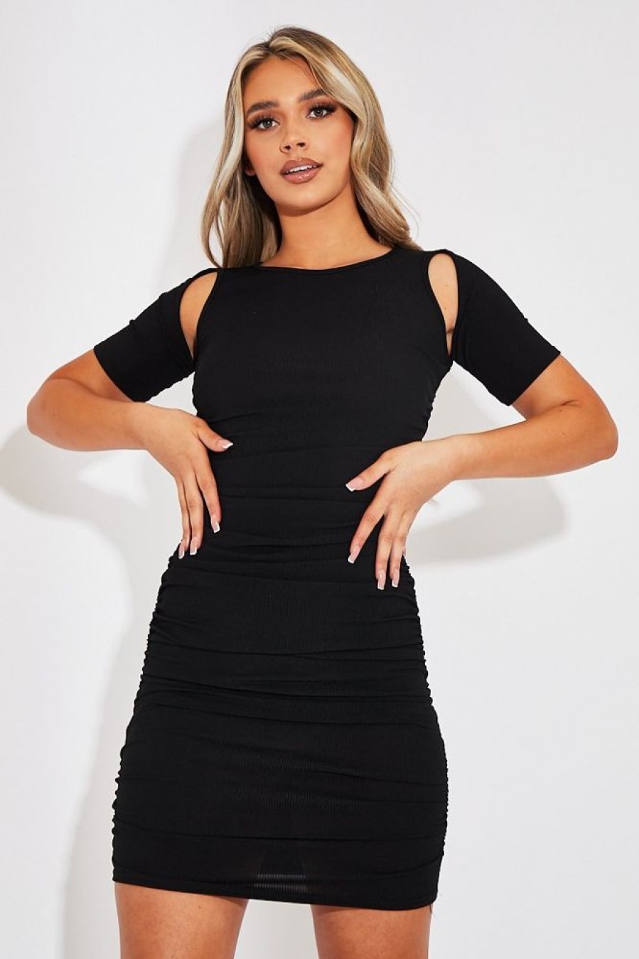 Clothing Rebellious Fashion | Black Ribbed Ruched Cut Out Mini Dress - Anaise