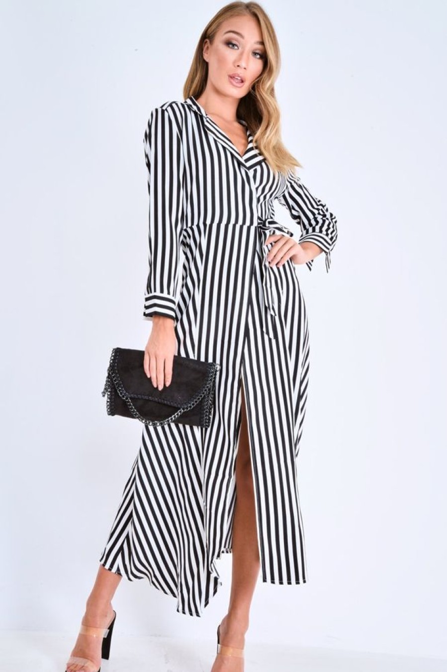 Clothing Rebellious Fashion | Black And White Stripe Wrap Maxi Dress - Adisyn