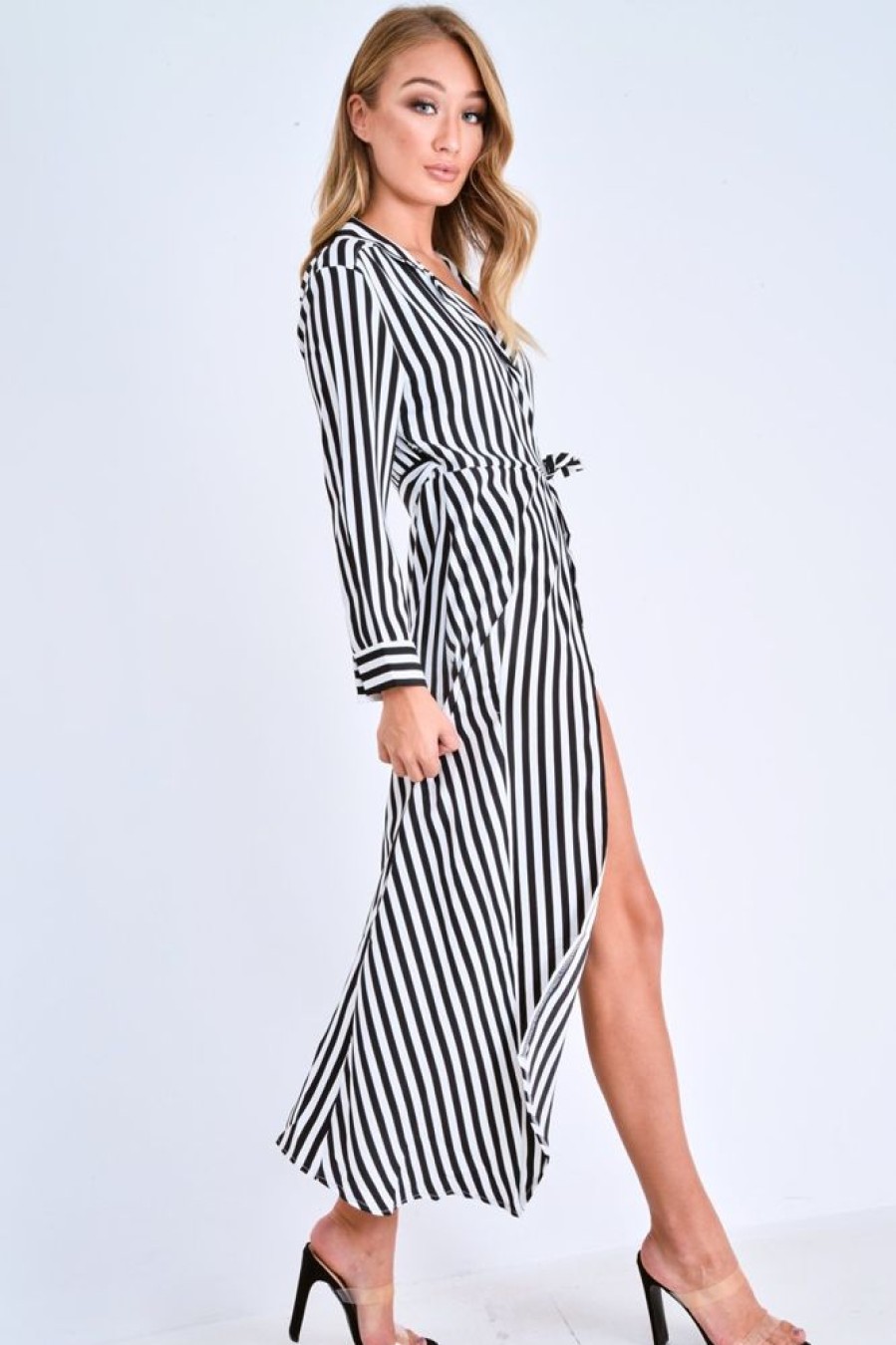 Clothing Rebellious Fashion | Black And White Stripe Wrap Maxi Dress - Adisyn