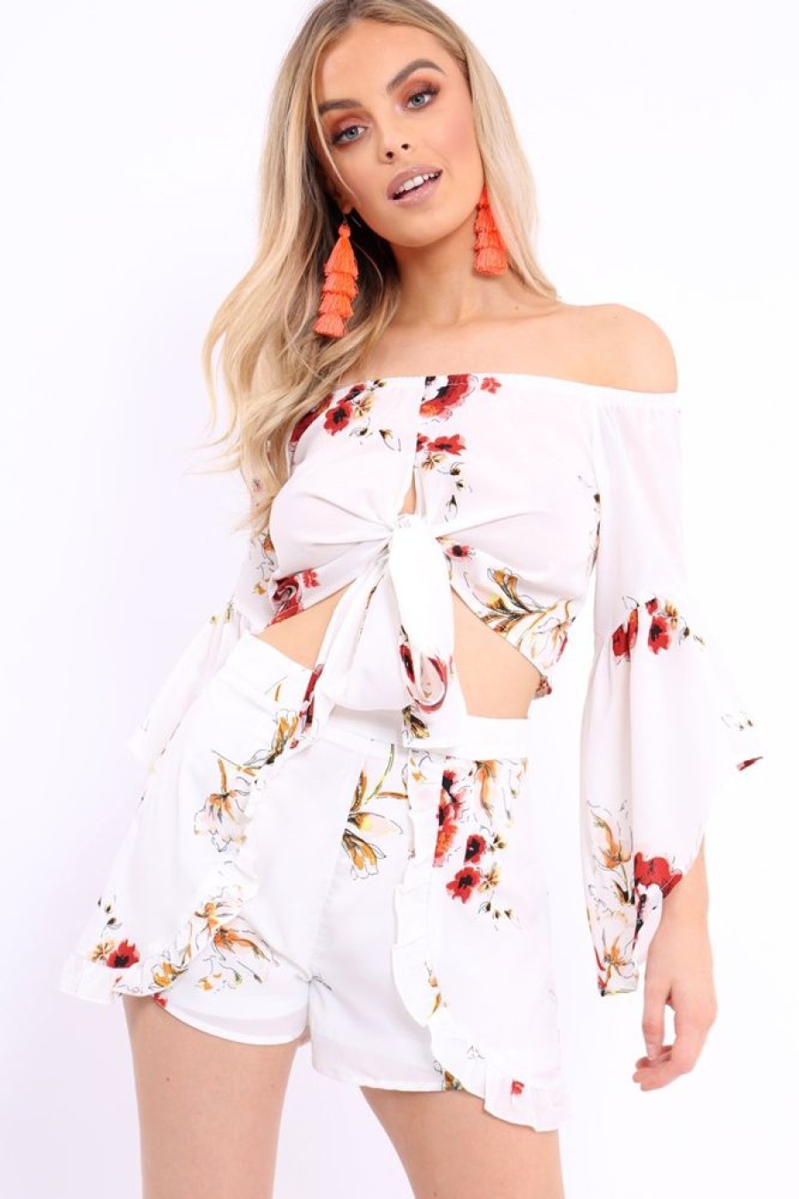 Clothing Rebellious Fashion | White Floral Crop Top And Shorts Co-Ord - Teigan