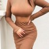 Clothing Rebellious Fashion | Camel Ribbed High Neck Top Skirt Co-Ord - Kaili