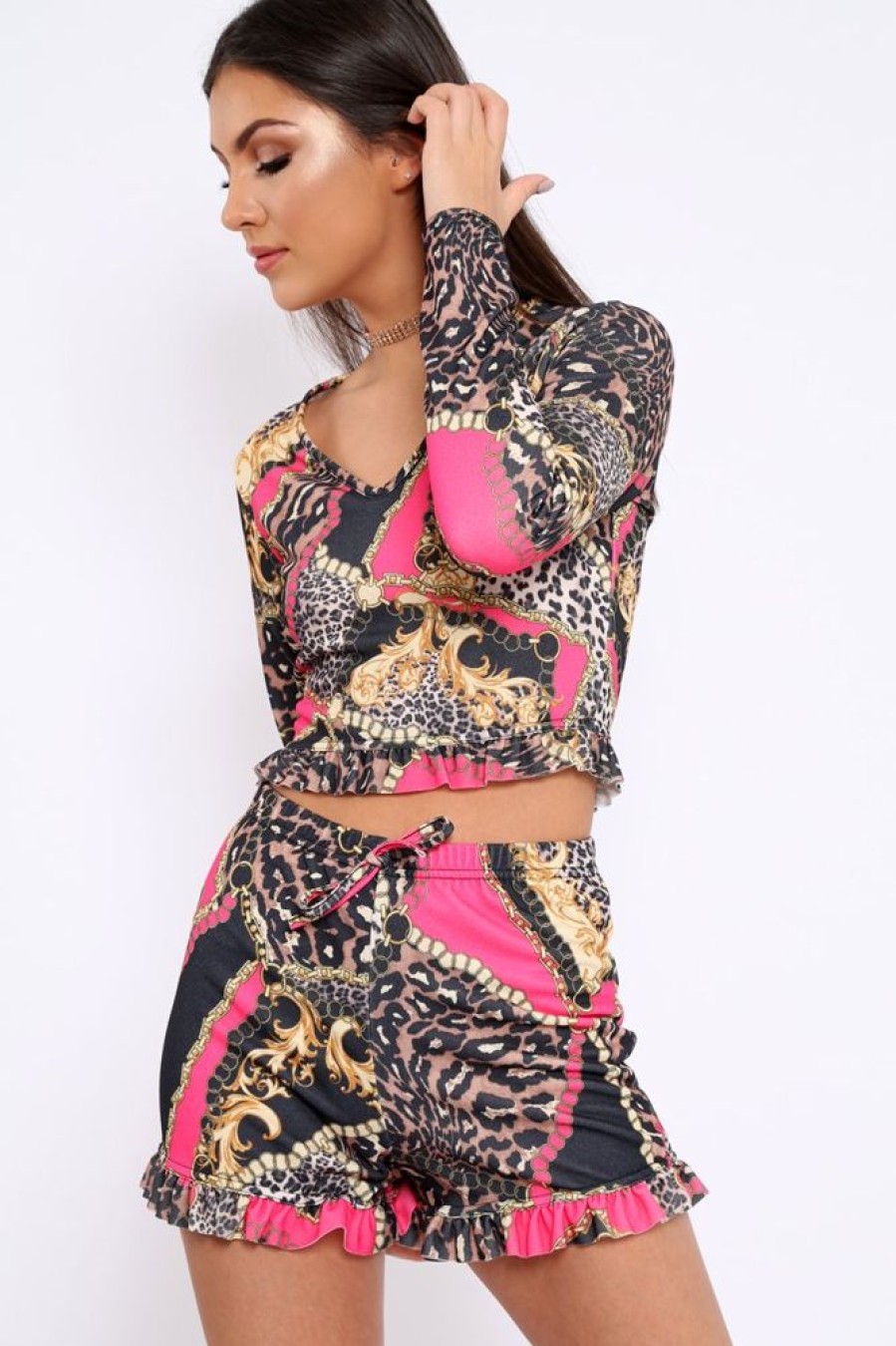 Clothing Rebellious Fashion | Gold & Fuchsia Frill Chain Print Co-Ord - Haidy