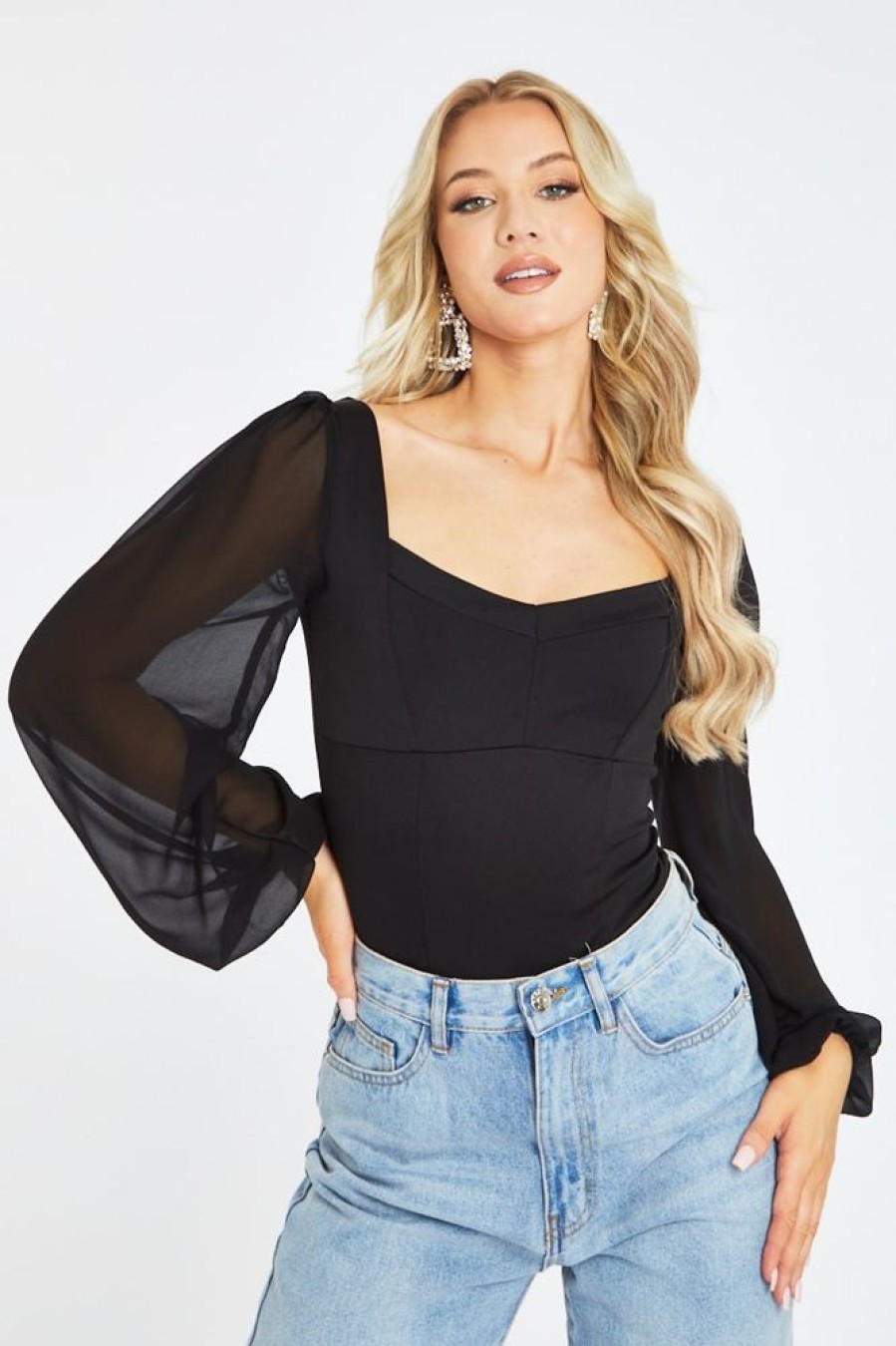 Clothing Rebellious Fashion | Black Sheer Puffed Sleeve Bodysuit - Victoria